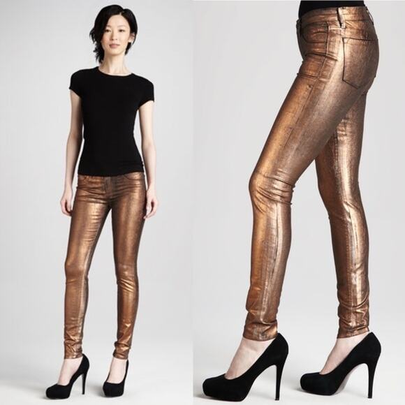 J Brand Super Skinny Coated Jeans Womens 30 Bronze Metallic - Picture 1 of 13